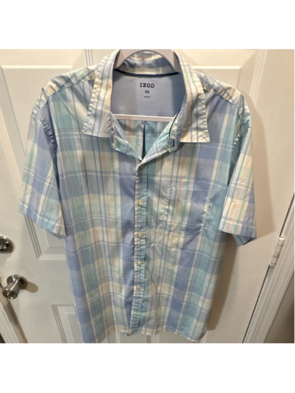 IZOD XXL Plaid Short Sleeve Button-Up Shirt Blue Green Beige Point Collar
